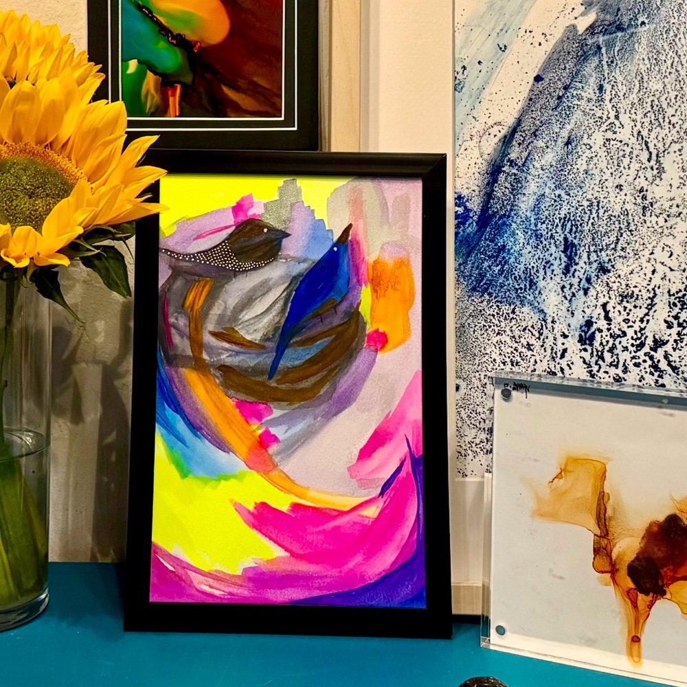 “Love Birds” Watercolor on Paper. Original Nina Juniper Art in Black Frame